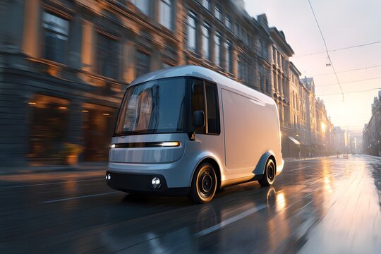 Electric delivery van in city, morning, eco-friendly. High quality photo