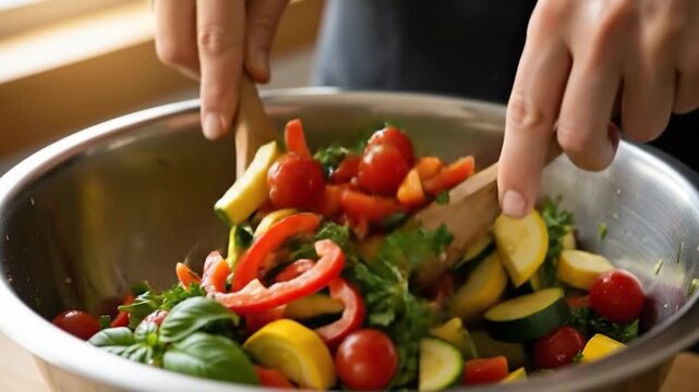 Preparing fresh vegetable salad in metal bowl with wooden spoons healthy eating home cooking culinary process