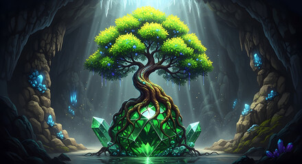 Enchanted Tree Growing from Emerald Crystals in a Cave
