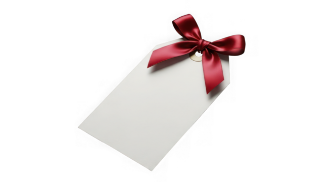 Blank gift tag with red ribbon isolated on transparent background for message