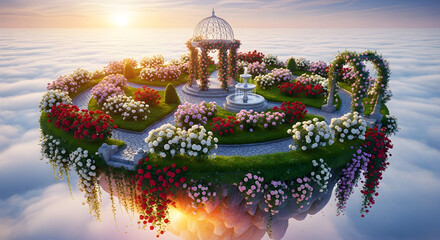 Floating Garden Island with Gazebo and Roses in the Clouds