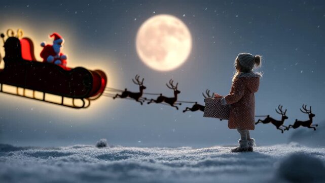 Little girl standing in snowy field holding Christmas gift while watching Santa sleigh flying past full moon on winter night