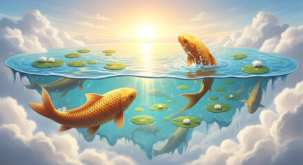Floating island pond with koi fish in a sky filled with clouds and sun