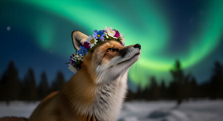 Fox Wearing Flower Crown Under Aurora Borealis animal