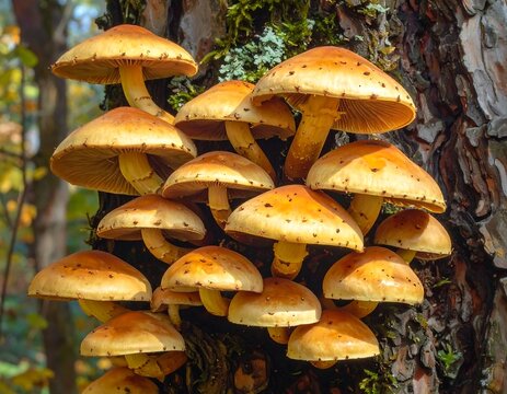 A close-up shot of a cluster of vibrant orange-brown mushrooms growing on a tree trunk, with sunlight - Powered by Adobe