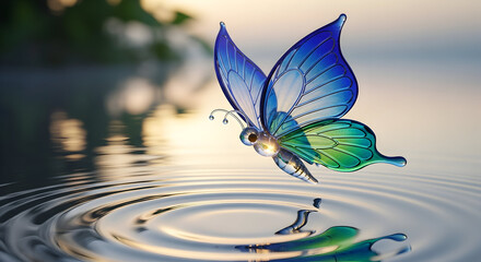 Glass Butterfly Hovers Over Rippling Water Keywords: butterfly, glass, crystal, insect