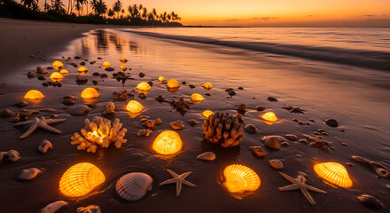 Glowing Seashells on a Tropical Beach at Sunset starfish