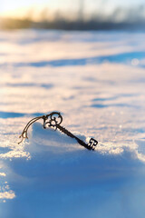 winter landscape with vintage key on snow, abstract nature background. Festive winter season, Christmas time, New Year, Yule. magic beautiful key, symbol of secret garden, mystique, Arcanum