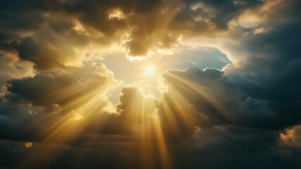 Dramatic sunbeams pierce stormy clouds, revealing divine light and hope in a breathtaking celestial spectacle