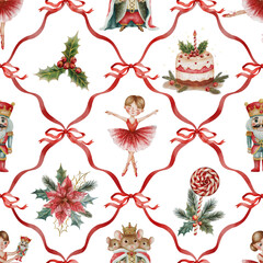 Naklejka premium Seamless Christmas pattern with red ribbons, nutcracker, ballerina, candy canes, mouse king, Christmas cupcake, and poinsettia — festive holiday design for winter decor and textiles.