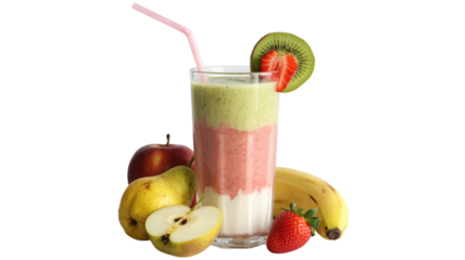 Refreshing Fruit Smoothie with Sliced Kiwi and Strawberry Garnish Displayed with Variety of Fresh Fruits like Apple Banana and Pear on Transparent Backdrop Ideal for Health Drink Promotions