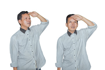 Southeast Asian man shielding eyes and looking away searching on transparent background