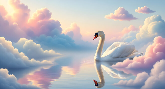 White swan glides on tranquil water amidst pastel clouds