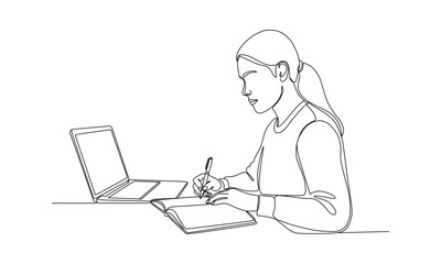 Continuous line drawing of a young woman studying with a laptop and notebook