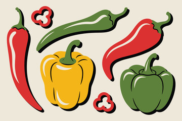 Assorted Chili Peppers and Bell Peppers in a Flat Illustration Style Keywords: chili pepper, bell pepper, red pepper, green pepper, yellow pepper