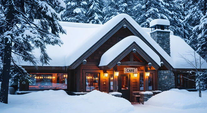 Enchanting snow-covered wooden cafe and lodge with warm lights nestled in a serene winter pine forest - Powered by Adobe