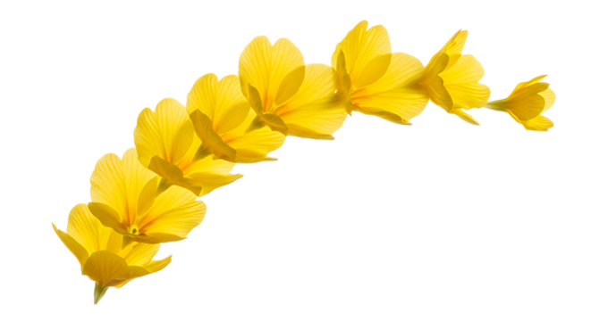 A graceful arc of vibrant yellow spring blossoms, meticulously arranged to showcase their intricate petals and fresh green centers, symbolizing natural beauty and renewal