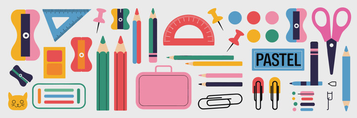 Assortment Of Colorful Stationery And School Supplies On A White Background Keywords: stationery, school supplies, office supplies, colorful