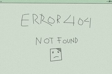 Hand-Drawn Error 404 Not Found Screen with Sad File Icon. ideal for website design, user interface graphics, presentations, or concepts of broken links, network problems, and internet frustration.