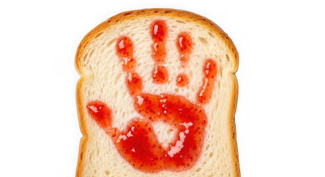 Toast with jam handprint isolated on transparent background, fun breakfast concept