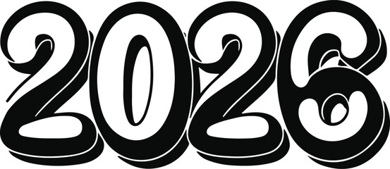 2026 written in bubbly vintage typography style with thick rounded black outlines, minimalist line art vector, white background, fun retro design 1.