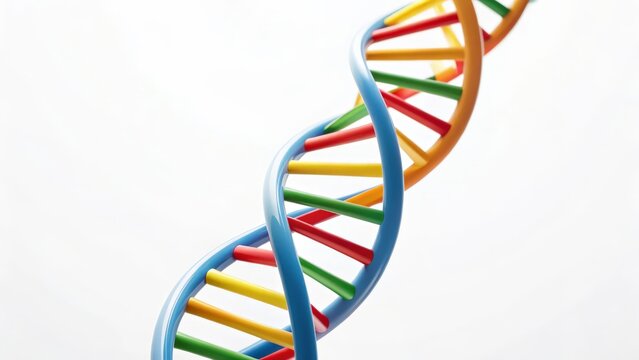 A colorful plastic DNA helix model against a white background