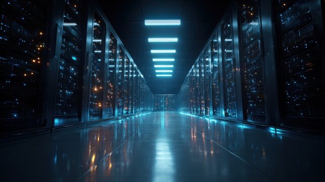 Commercial high-resolution photo of futuristic data center server room with blue neon lights.