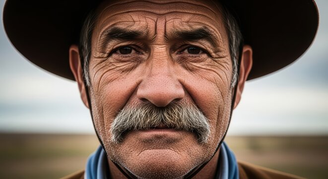 Elderly caucasian male with mustache wearing hat in rural landscape - Powered by Adobe