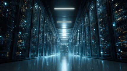 Commercial high-resolution photo of futuristic data center server room with glowing blue lights and reflections.