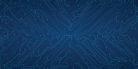 Digital circuit board pattern with glowing blue lines on a dark blue gradient background representing technology and data flow