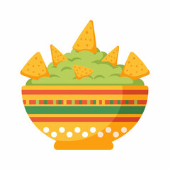 A vibrant vector illustration of creamy green guacamole dip served in a festive, colorful patterned bowl, topped with crispy triangular tortilla chips for a classic Mexican appetizer