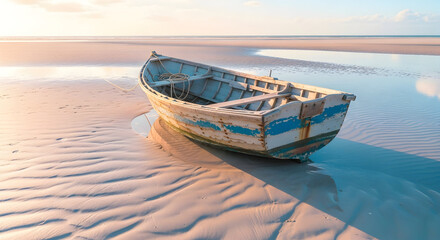 Obraz premium Old Wooden Rowboat on a Sandy Beach at Low Tide wooden boat