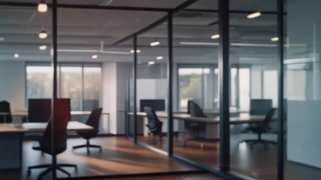 Sunlit modern office space with empty desks and chairs, evoking productivity and future opportunities