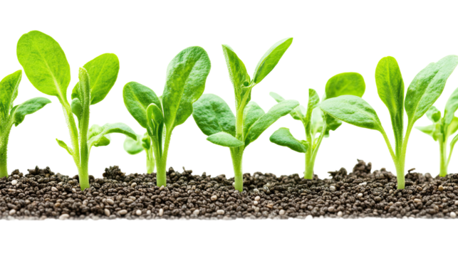 Green young plant seedlings growing in soil isolated on white transparent background