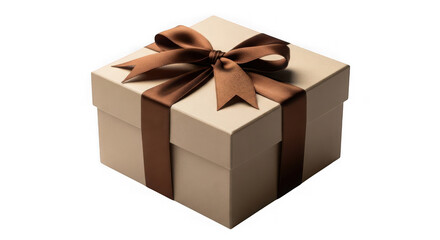 Beige gift box with brown ribbon and bow isolated on transparent background
