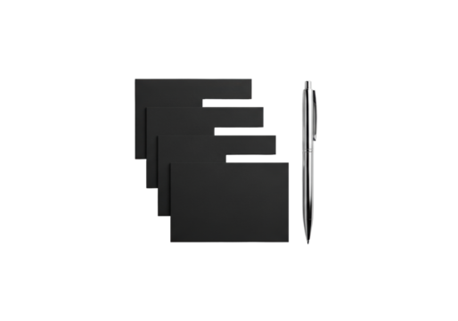 Three matte black paper cards subtly stacked with a sleek chrome pen, isolated on a transparent background, high-angle studio shot, shadowless minimalist elegance. Concept for high-end stationery - Powered by Adobe