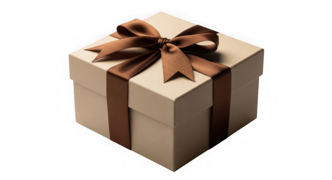 Beige gift box with brown ribbon and bow isolated on transparent background