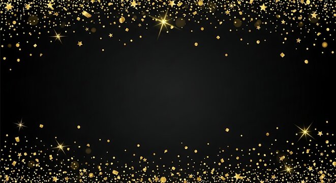 Glittering Gold Confetti, Stars, and Sparkles Border on Black Background, Copy Space