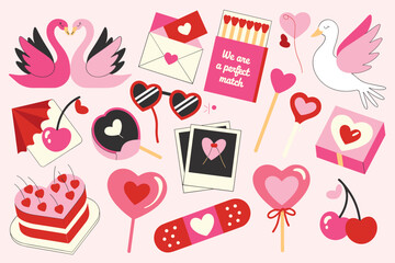 Whimsical flat design collection of romantic and Valentine's Day themed elements love romance