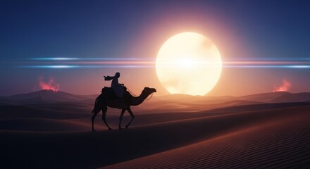 A silhouette of a man riding a camel in a desert landscape at sunset.