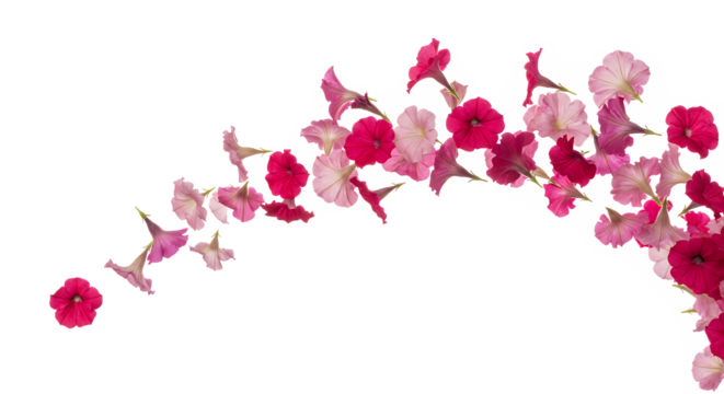Beautiful pink and purple petunia flowers gracefully arching in a flowing pattern against a clean white background, celebrating nature's elegance