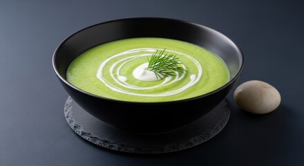 Vibrant green cream soup garnished with a swirl of white cream and fresh dill, served in a black bowl alongside a single brown egg on a dark surface.