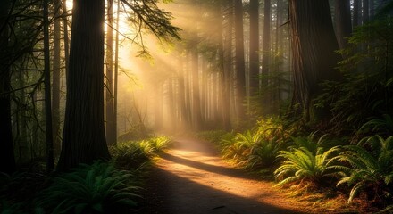 Naklejka premium Sunlight Streams Through Forest Path: A Serene Nature Scene for Adventure & Tranquility.
