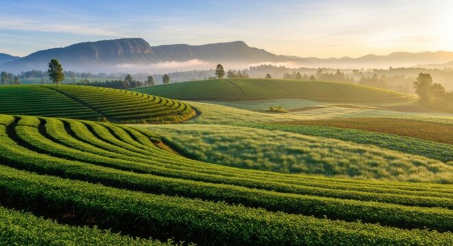 A serene landscape with lush green tea fields and distant mountains under a clear sky with a soft, golden hue from the rising sun.