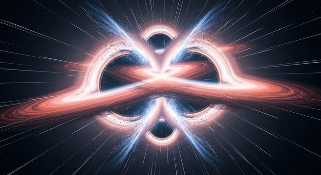 A powerful cosmic visualization of a black hole featuring a bright orange event horizon and intense blue electrical discharges. This 3D space animation represents advanced astrophysics, wormholes, or 