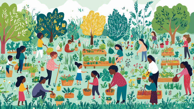 Diverse group gardening in a community garden. All ages and backgrounds engaging in planting, watering, and harvesting. Sustainability, family, health-related campaigns, educational content, community