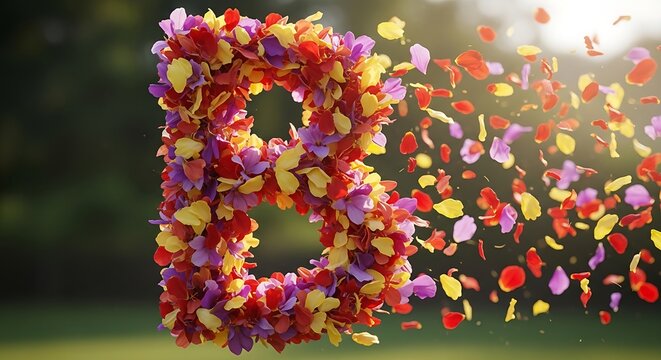 Capital Letter B Made of Colorful Flower Petals Disintegrating in the Sunlight