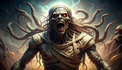 A fierce mummy with glowing red eyes screams, surrounded by ominous tentacles and a stormy sky, in a desolate setting