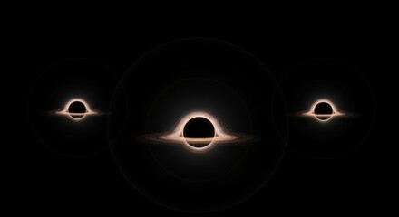 Three supermassive black holes with glowing orange accretion disks orbit in formation against a dark space backdrop in 3D animation. Suitable for astrophysics, gravity, or cosmic phenomena presentatio