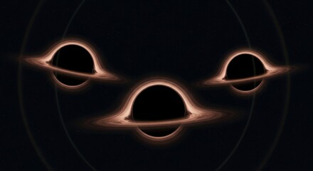 Three supermassive black holes with glowing orange accretion disks orbit in formation against a dark space backdrop in 3D animation. Suitable for astrophysics, gravity, or cosmic phenomena presentatio